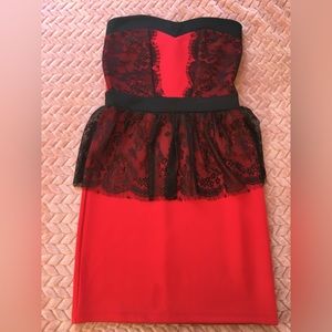 Gorgeous strapless red mini dress with black lace